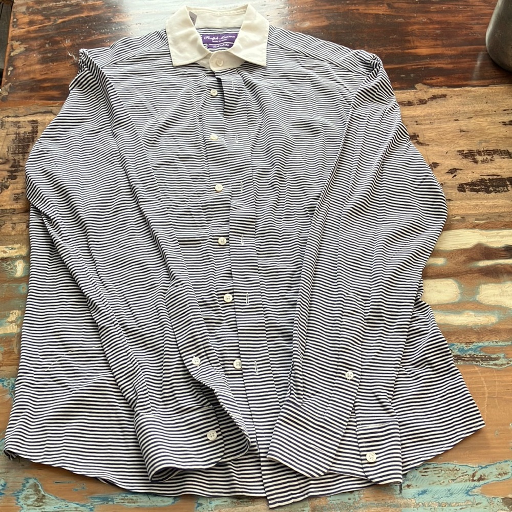 Auth RALPH LAUREN PURPLE LABEL cotton knit button down shirt, 15.5, tailored fit